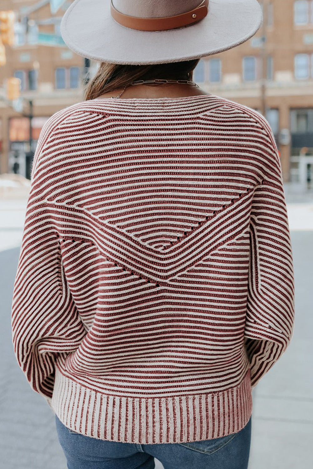 Red Dahlia Striped Print Ribbed Knit Boat Neck Baggy Sweater