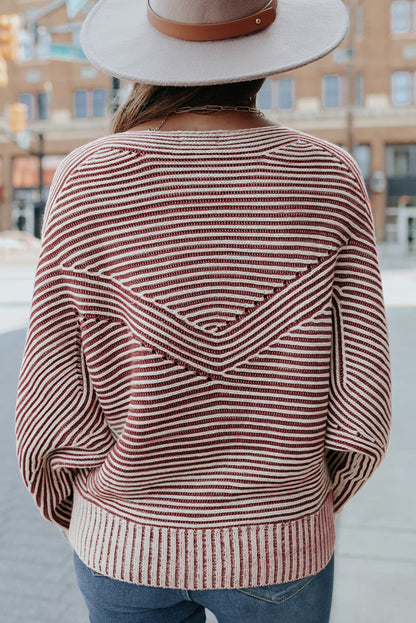 Red Dahlia Striped Print Ribbed Knit Boat Neck Baggy Sweater