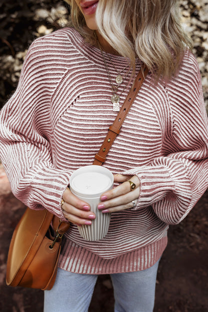 Red Dahlia Striped Print Ribbed Knit Boat Neck Baggy Sweater