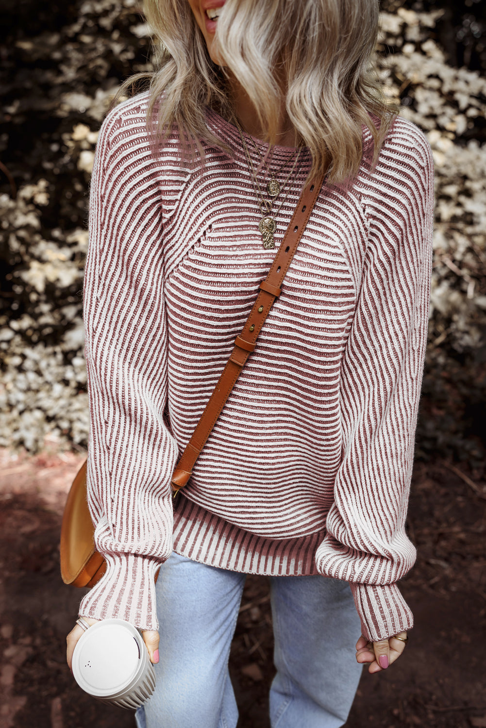 Red Dahlia Striped Print Ribbed Knit Boat Neck Baggy Sweater