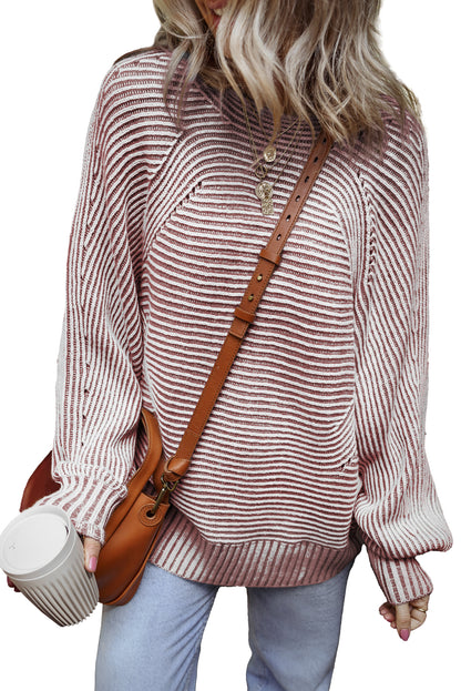 Red Dahlia Striped Print Ribbed Knit Boat Neck Baggy Sweater