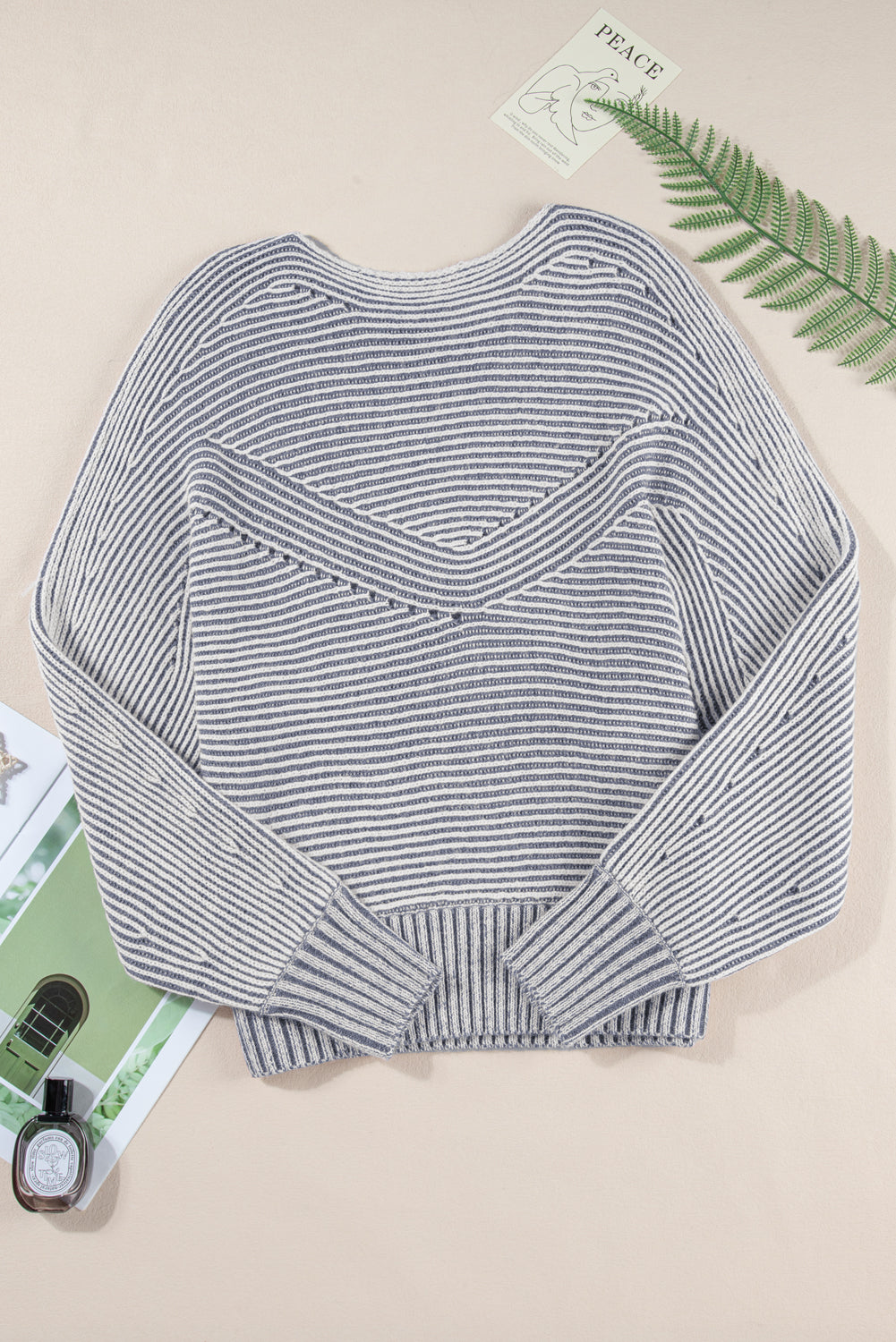Ashleigh Blue Striped Print Ribbed Knit Boat Neck Baggy Sweater