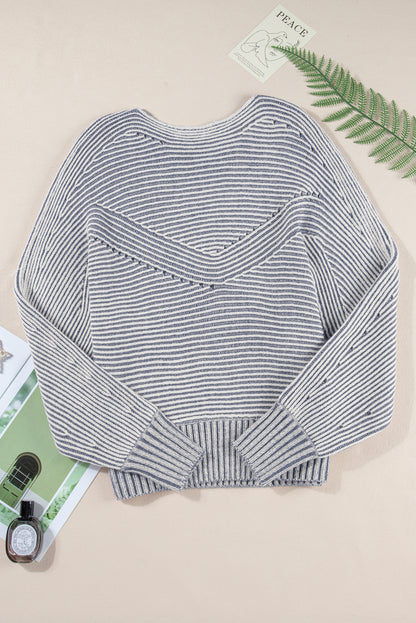 Ashleigh Blue Striped Print Ribbed Knit Boat Neck Baggy Sweater