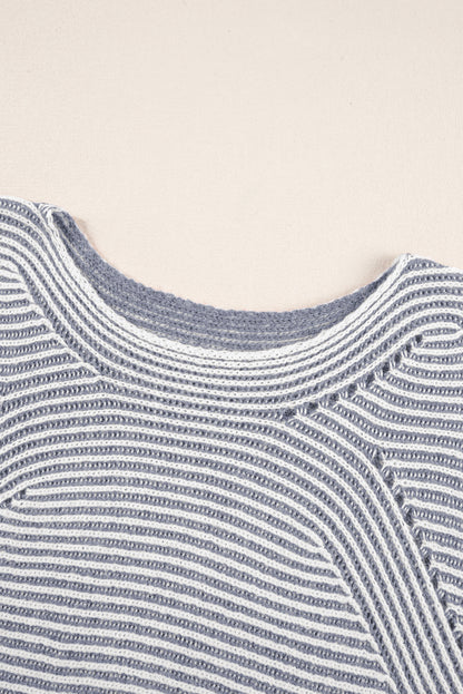 Ashleigh Blue Striped Print Ribbed Knit Boat Neck Baggy Sweater