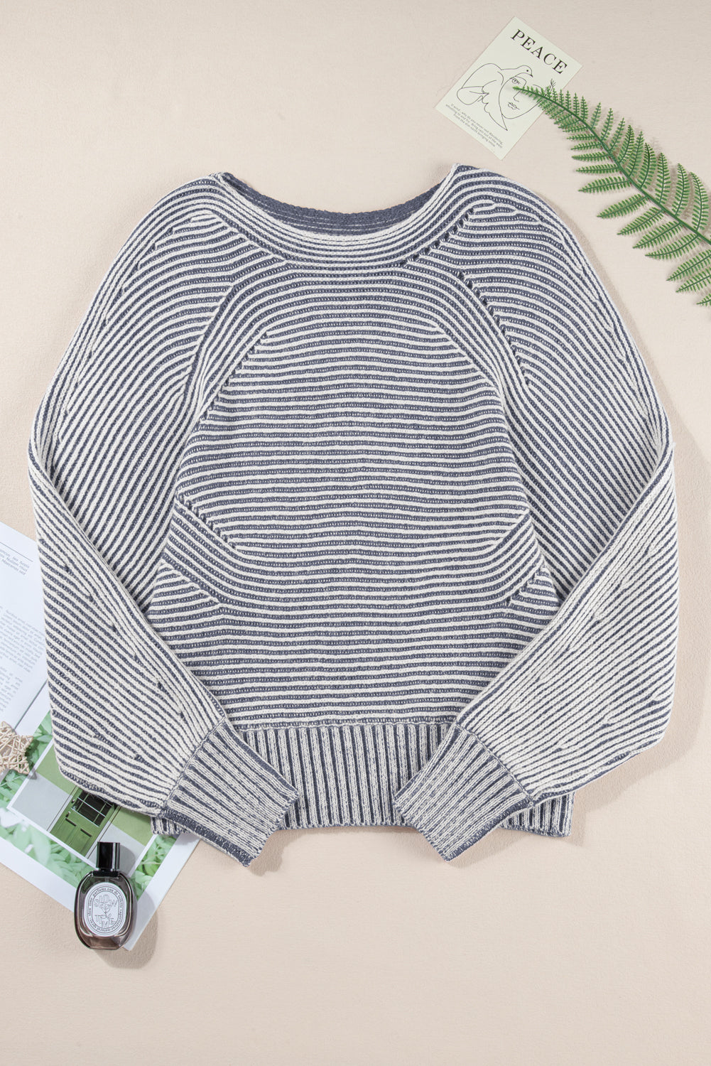 Ashleigh Blue Striped Print Ribbed Knit Boat Neck Baggy Sweater
