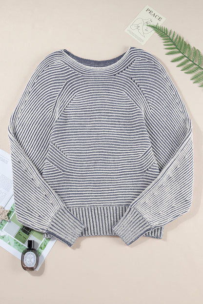Ashleigh Blue Striped Print Ribbed Knit Boat Neck Baggy Sweater