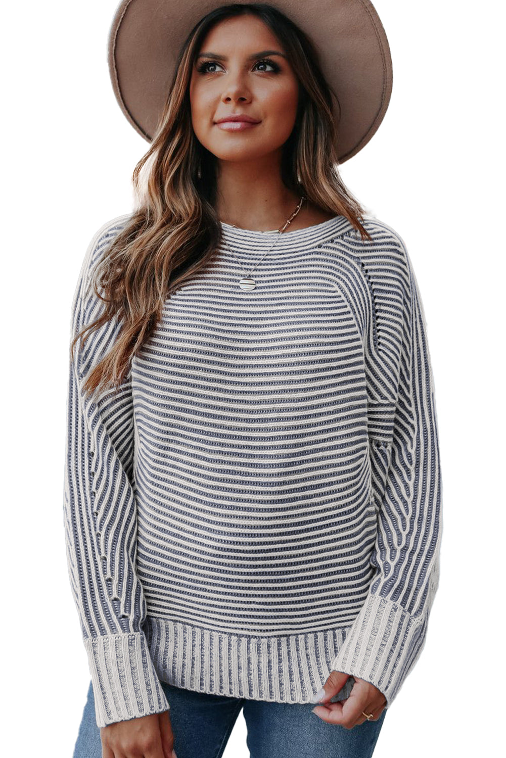 Ashleigh Blue Striped Print Ribbed Knit Boat Neck Baggy Sweater