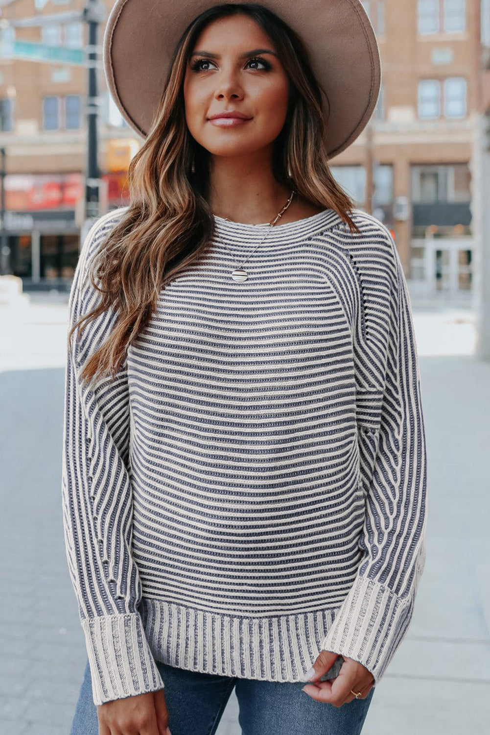 Ashleigh Blue Striped Print Ribbed Knit Boat Neck Baggy Sweater