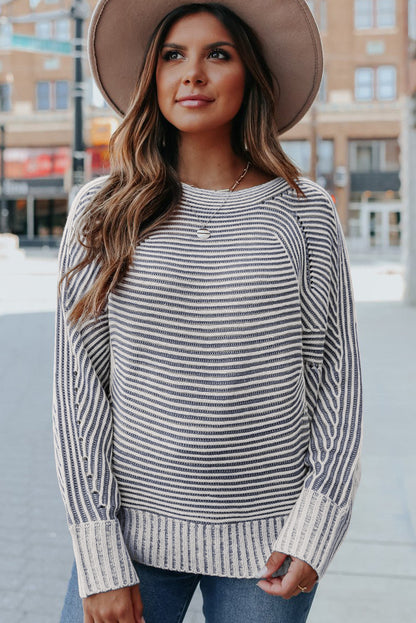 Ashleigh Blue Striped Print Ribbed Knit Boat Neck Baggy Sweater