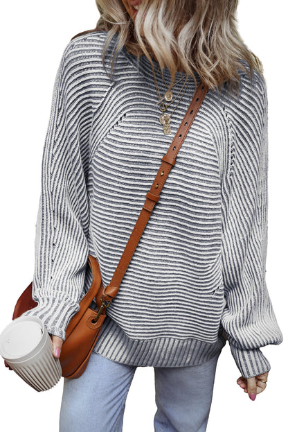 Ashleigh Blue Striped Print Ribbed Knit Boat Neck Baggy Sweater