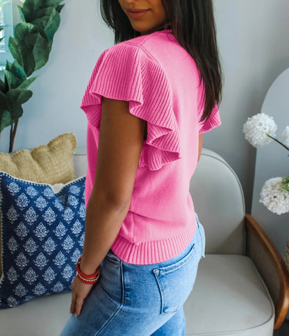 Sachet Pink Solid Color Ribbed Trim Round Neck Ruffle Short Sleeve Sweater