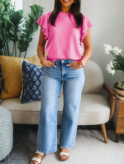 Sachet Pink Solid Color Ribbed Trim Round Neck Ruffle Short Sleeve Sweater