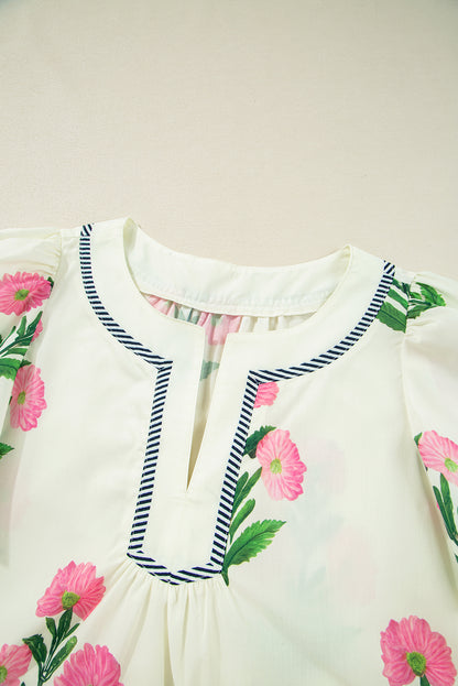 Apricot Floral Short Sleeve Split Neck Loose Mini Dress