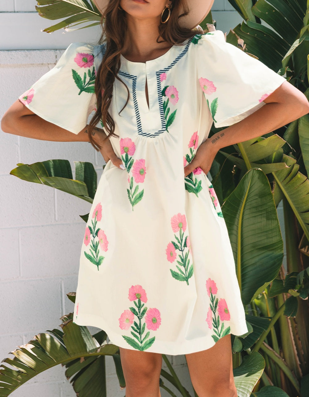 Apricot Floral Short Sleeve Split Neck Loose Mini Dress