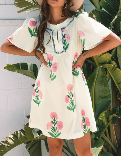 Apricot Floral Short Sleeve Split Neck Loose Mini Dress