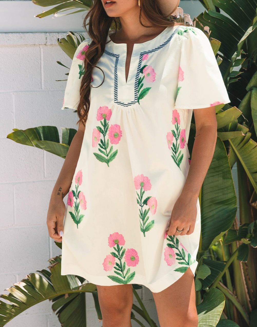 Apricot Floral Short Sleeve Split Neck Loose Mini Dress