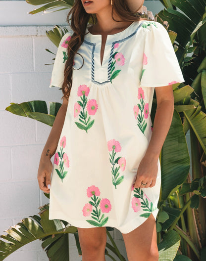 Apricot Floral Short Sleeve Split Neck Loose Mini Dress