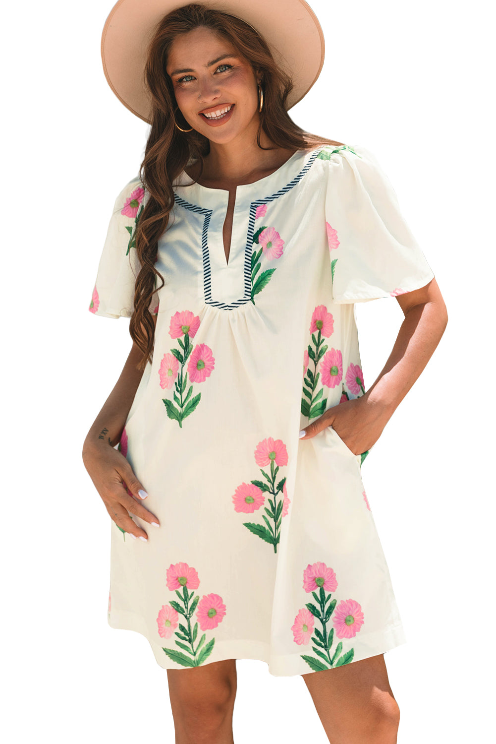 Apricot Floral Short Sleeve Split Neck Loose Mini Dress