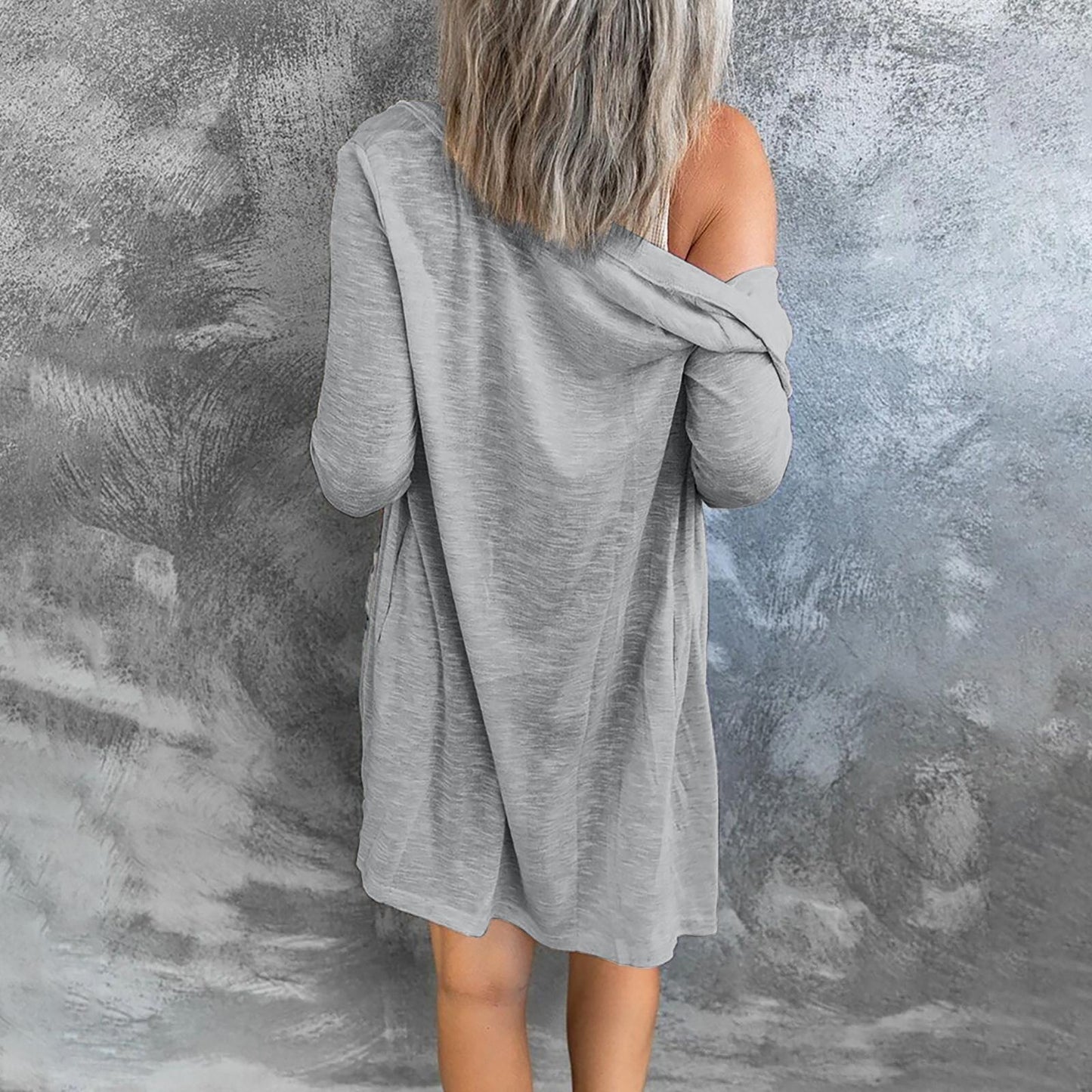 White Solid Color Open-Front Buttons Cardigan