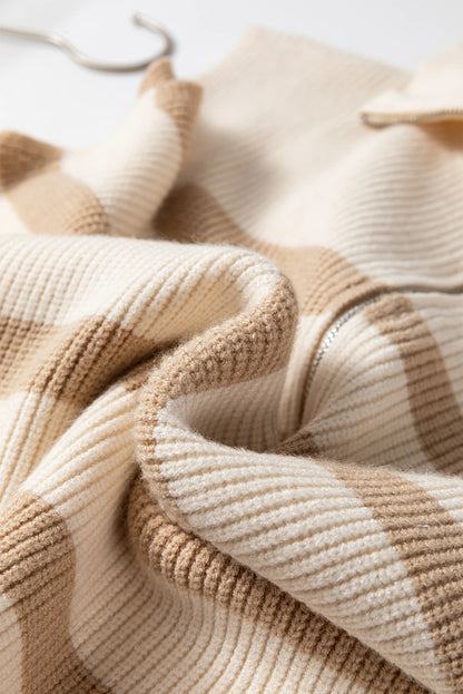Khaki Stripe Ribbed Half Zip Collared Sweater Vest
